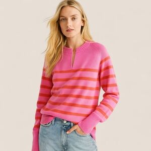 J. Crew Cashmere Bright Pink Striped Split Neck Sweater Sz S | Dopamine Dressing